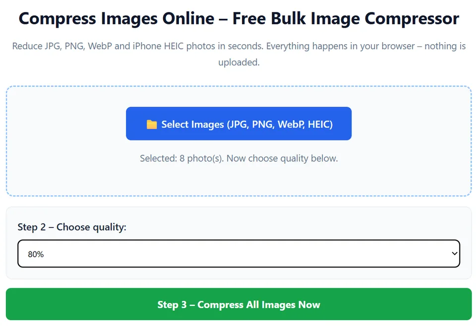 CompressPicOnline with 8 photos selected, the quality dropdown set to 80 percent and the green Compress All Images Now button below