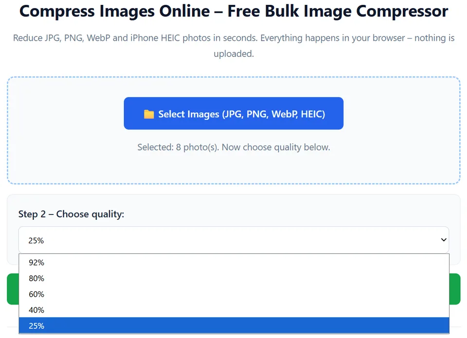 CompressPicOnline quality dropdown open, listing five levels: 92%, 80%, 60%, 40% and 25%
